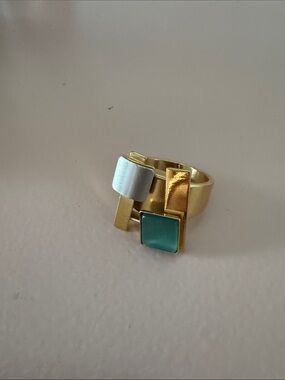 Vintage Gold Geometric Ring with Green and Silver Accents - Women Jewelry